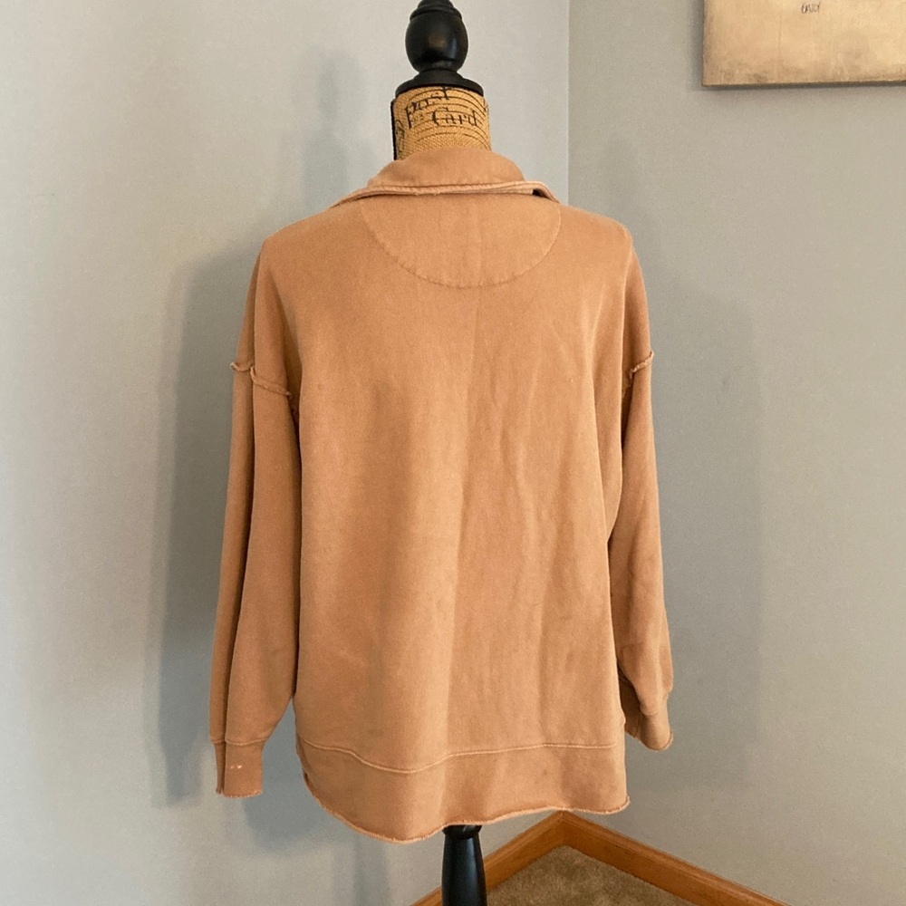 Aerie Distressed Oversized Popover Collared V-neck Tan Sweatshirt Women Size S - Picture 2 of 11